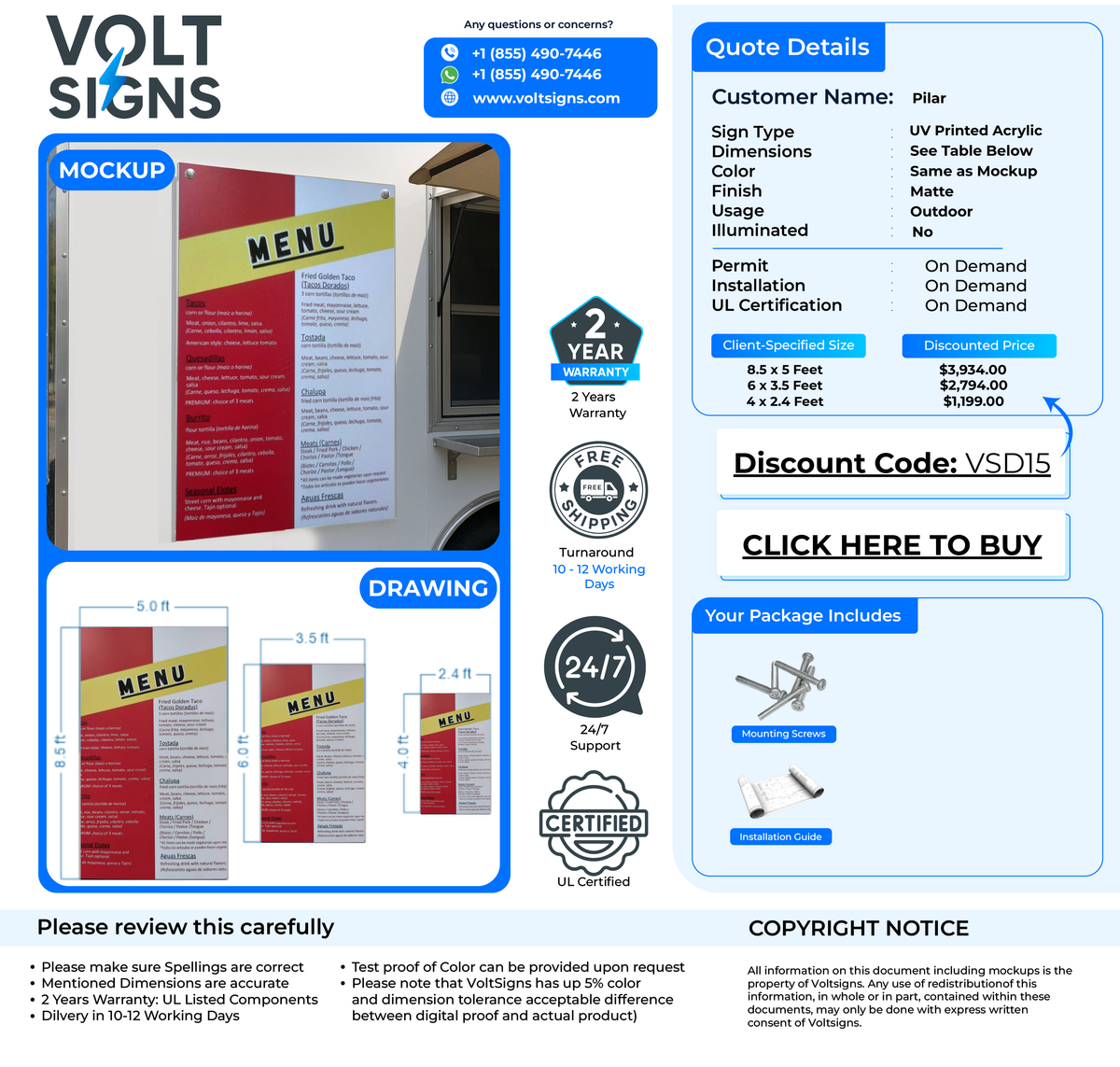 A product mockup and quote page showing a red and yellow MENU food truck acrylic sign, dimensions, and prices.