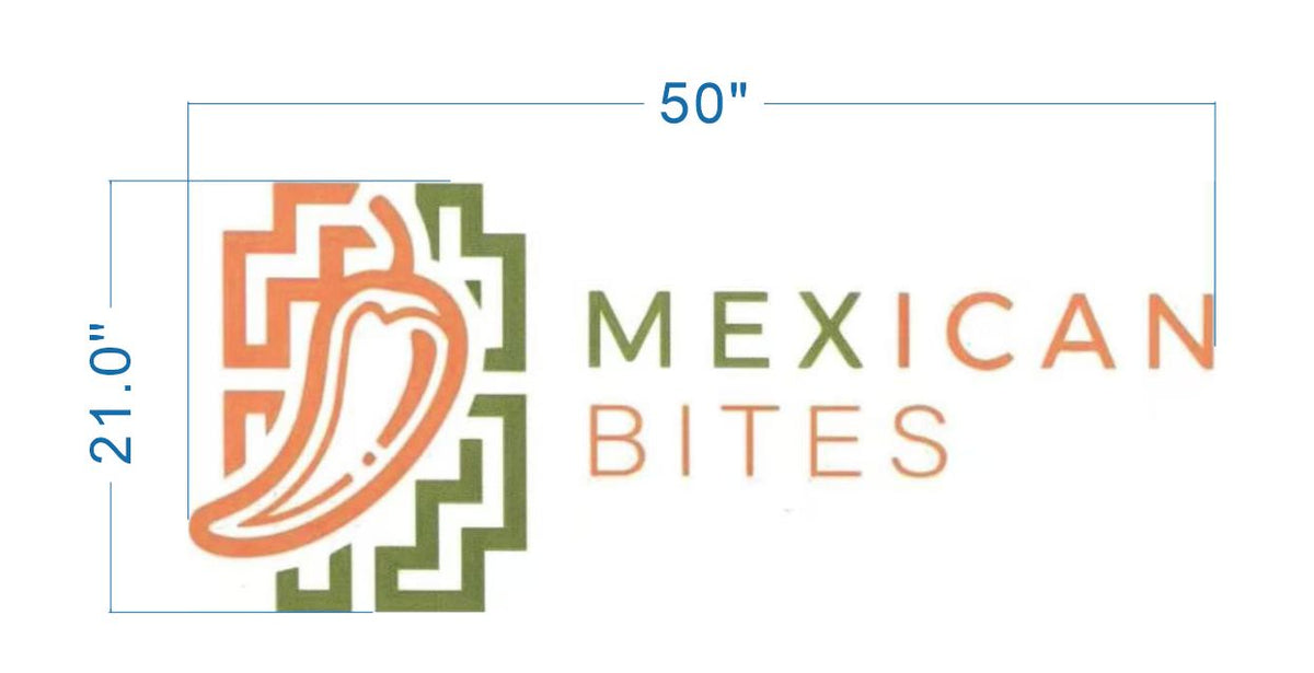 Mexican Bites logo: orange chili icon over green geometric tile left and text right; blue 50" and 21.0" marks.