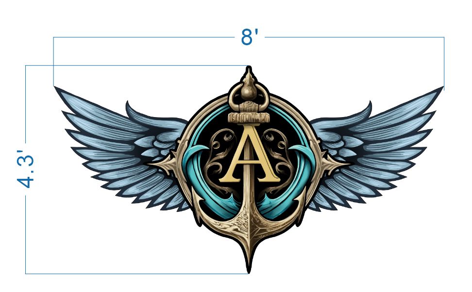 Ornate anchor emblem with gold letter A, teal scrolls and blue wings, dimension markers showing 8' width and 4.3'.