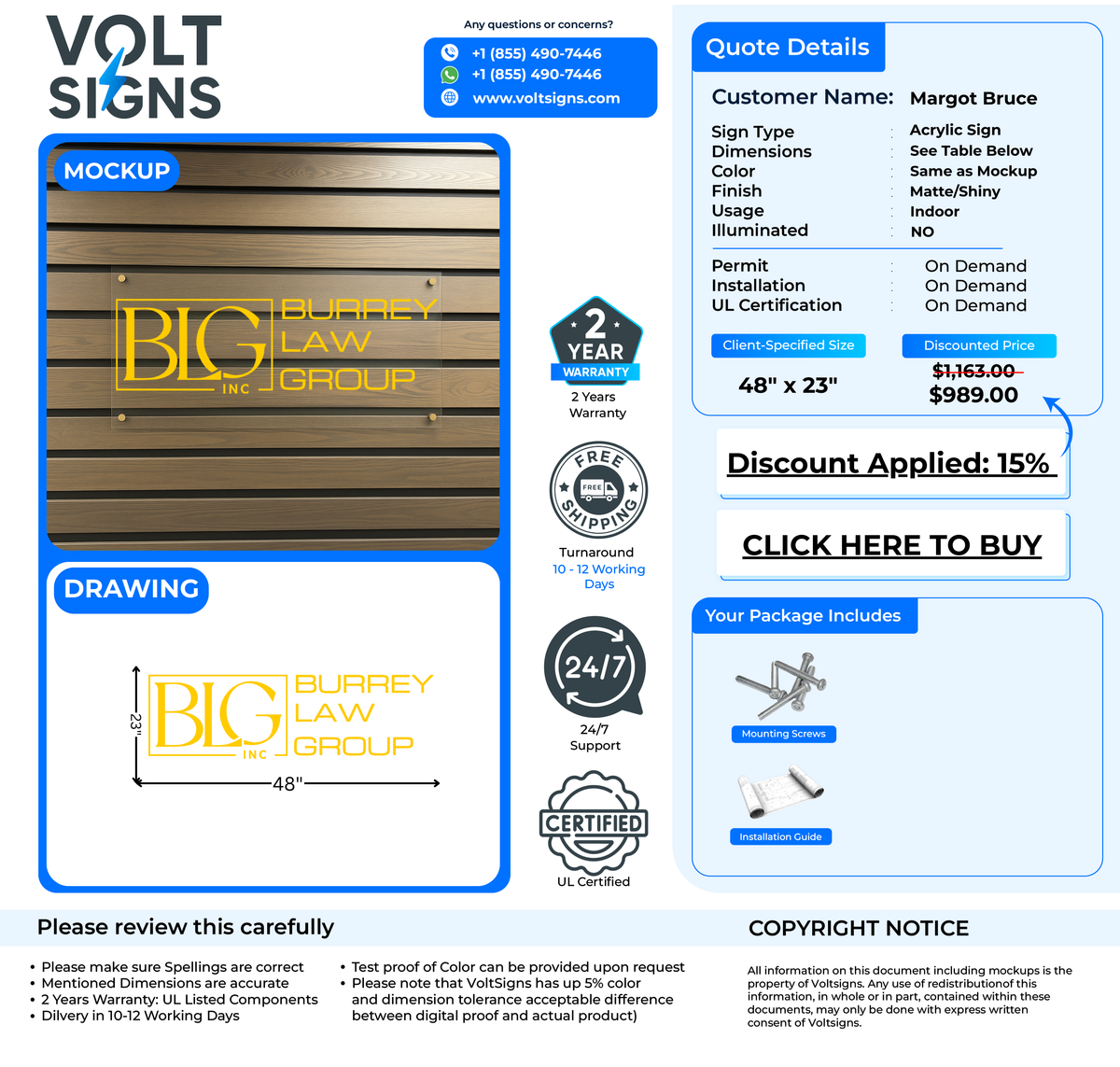 Mockup invoice for Volt Signs showing a 48" x 23" acrylic sign with yellow 'BIG Burrey Law Group' logo and $989 price.