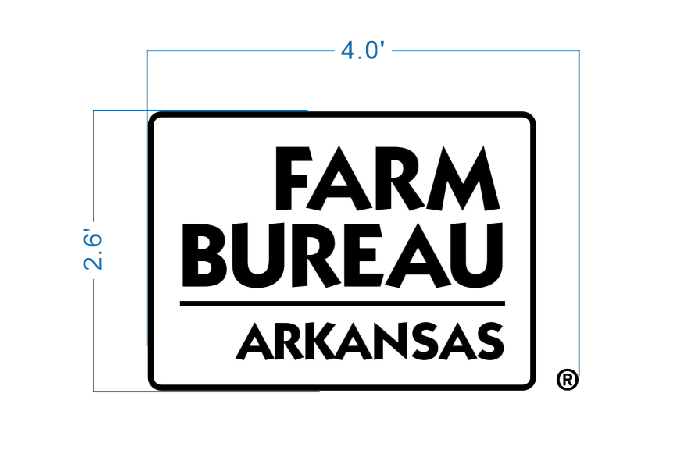 Farm Bureau Arkansas logo sign size proof, 4 foot wide layout with bold black wordmark in rounded rectangle frame.