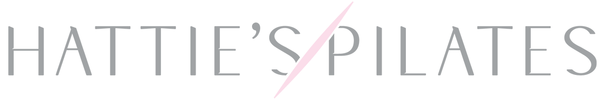 Hattie's Pilates logo with tall light-gray letters on white background and a pale pink diagonal slash through the.