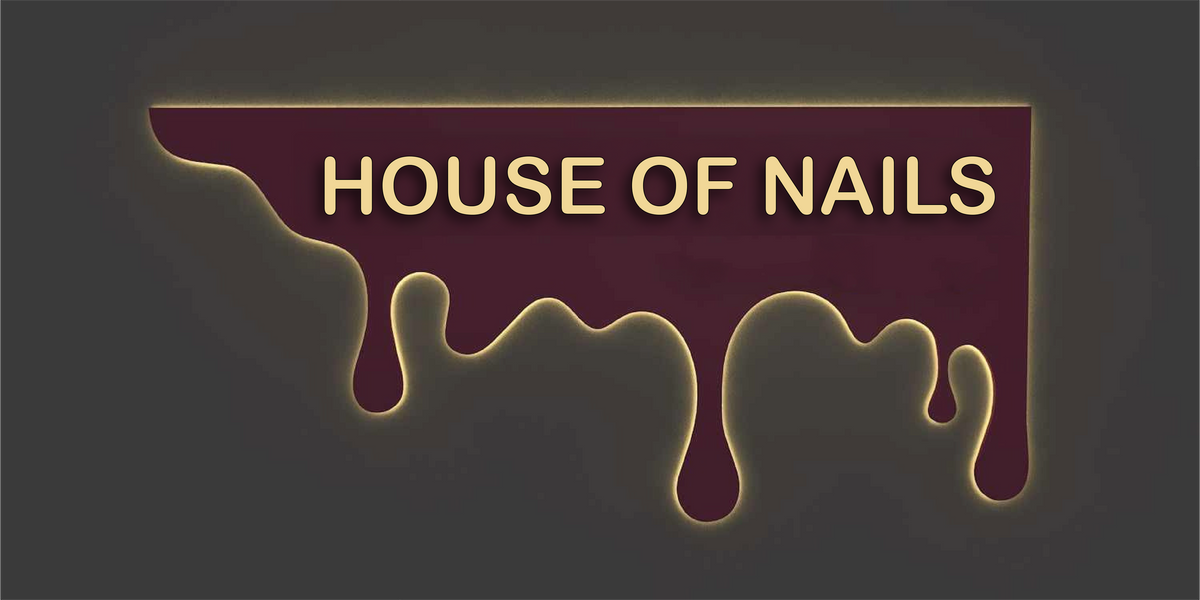 Custom shaped backlit acrylic logo sign for House of Nails salon by Volt Signs, burgundy halo illumination, drip design for nail studio.