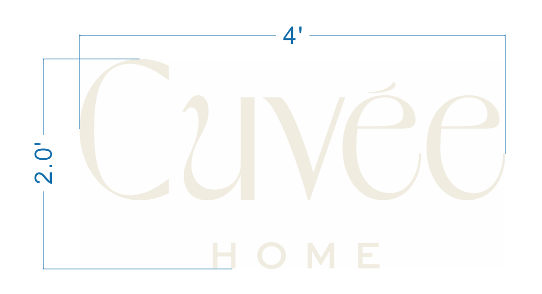 Pale beige 'Cuvée' script above small 'HOME' on white background, blue dimension lines showing 4' width and 2.0' height.
