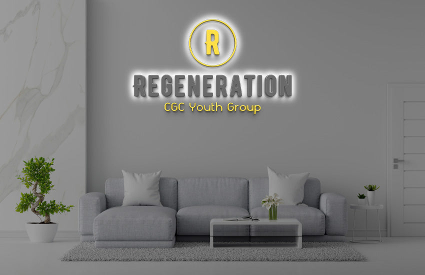 Neon-style 'REGENERATION' sign with circular yellow R and 'CGC Youth Group' above modern gray sofa, plants.