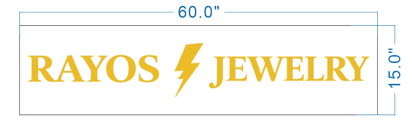 White 60.0"×15.0" banner with gold serif 'RAYOS' left, gold lightning bolt center, 'JEWELRY' right, blue dimension.