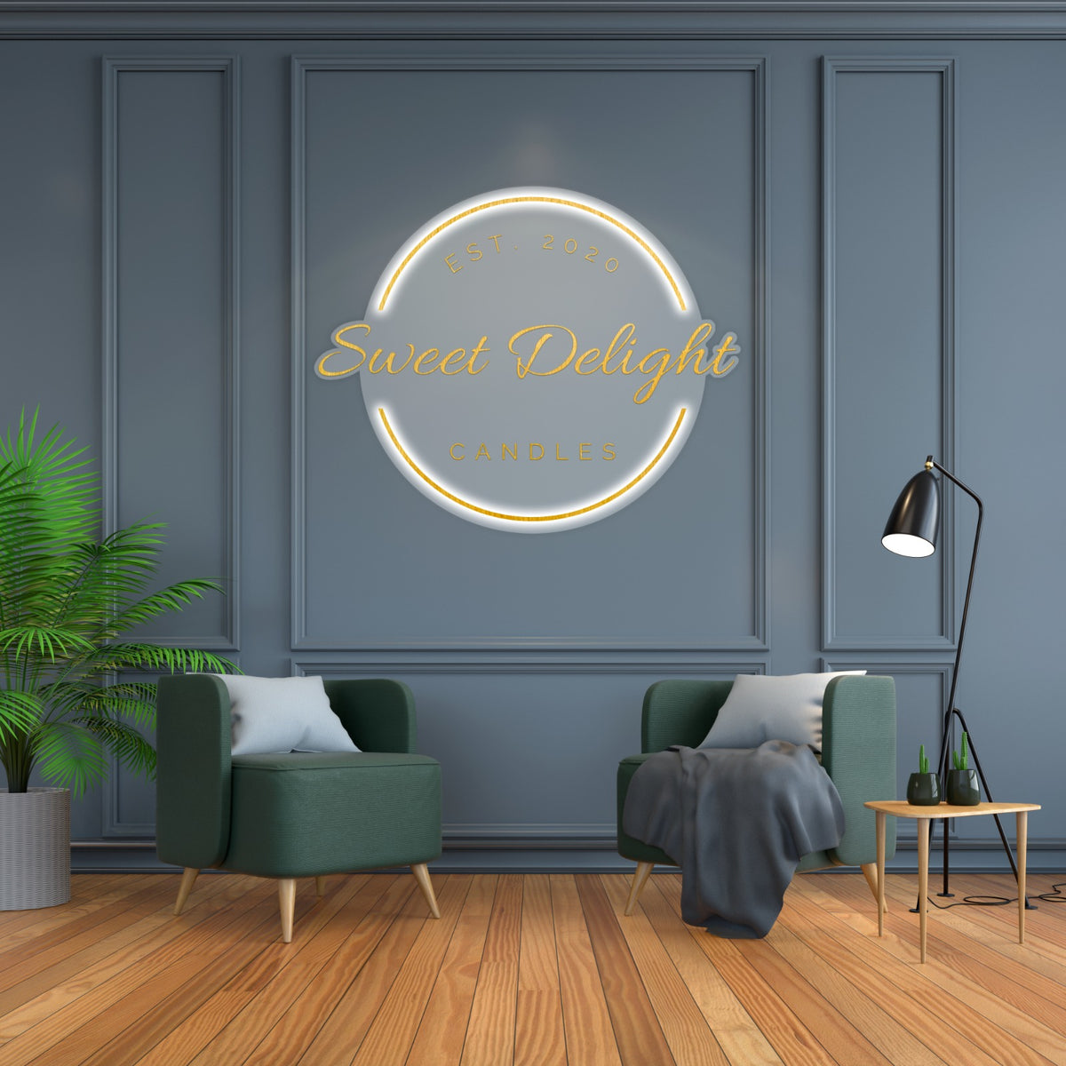 Dark gray paneled lounge with illuminated gold 'Sweet Delight Candles' logo, green armchairs, wooden floor.