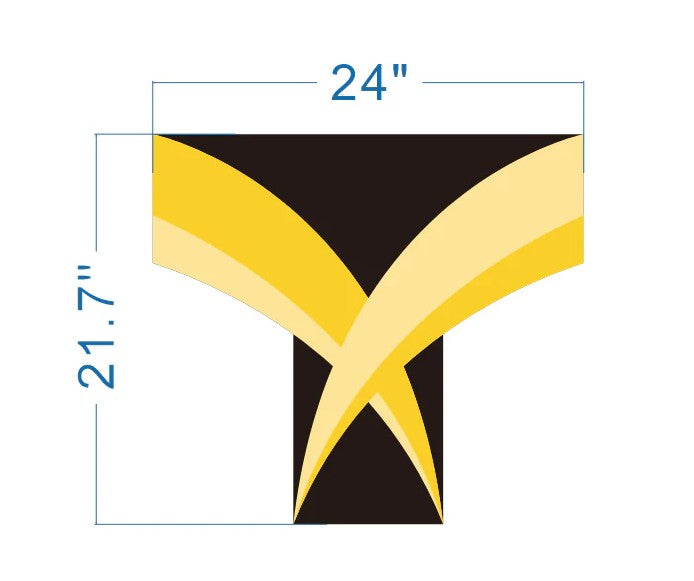 Black T-shaped banner with intersecting yellow and gold curved stripes, blue dimension labels 24" wide and 21.7" high.
