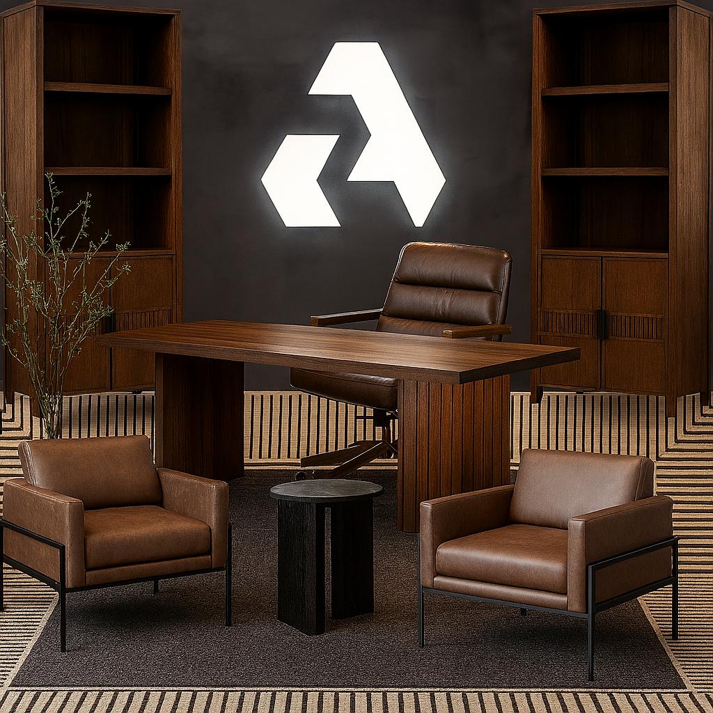 Executive office with walnut desk, brown leather swivel chair, two leather guest chairs, wood shelves, white wall logo.