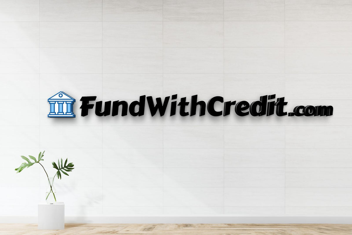 3D black 'FundWithCredit.com' wall logo with blue bank icon on white tiled wall, potted green plant on wood floor.