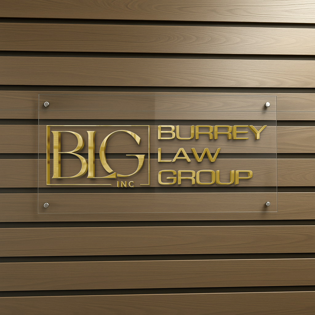 Clear acrylic wall sign with gold 3D lettering for Burrey Law Group mounted on horizontal wooden slats by Volt Signs.