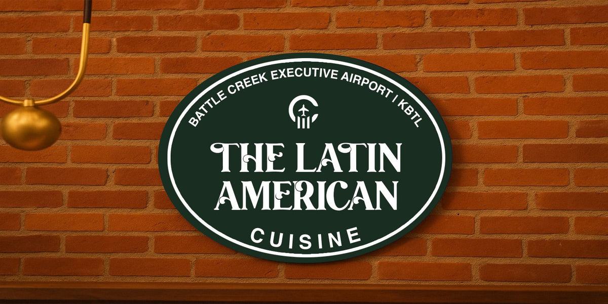 THE LATIN AMERICAN CUISINE acrylic business sign in green, main view for custom commercial branding