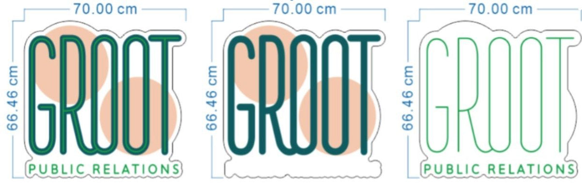 Three side-by-side sticker mockups showing 'GROOT' over peach circles with 'PUBLIC RELATIONS', 70.00 cm×66.46 cm dime.