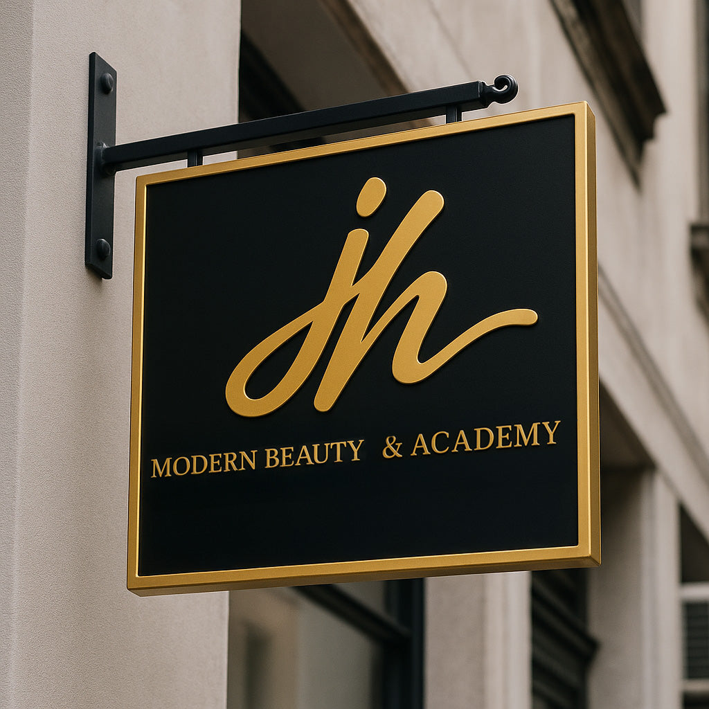 Black and gold hanging storefront sign reading 'Modern Beauty & Academy' with large gold initials on a beige wall.