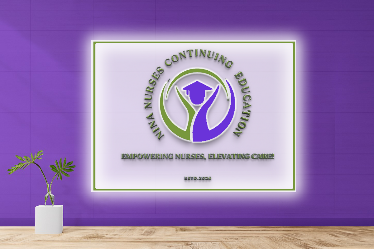 White framed poster with green-purple nursing education logo and ESTD.2024 on purple tiled wall, plant.