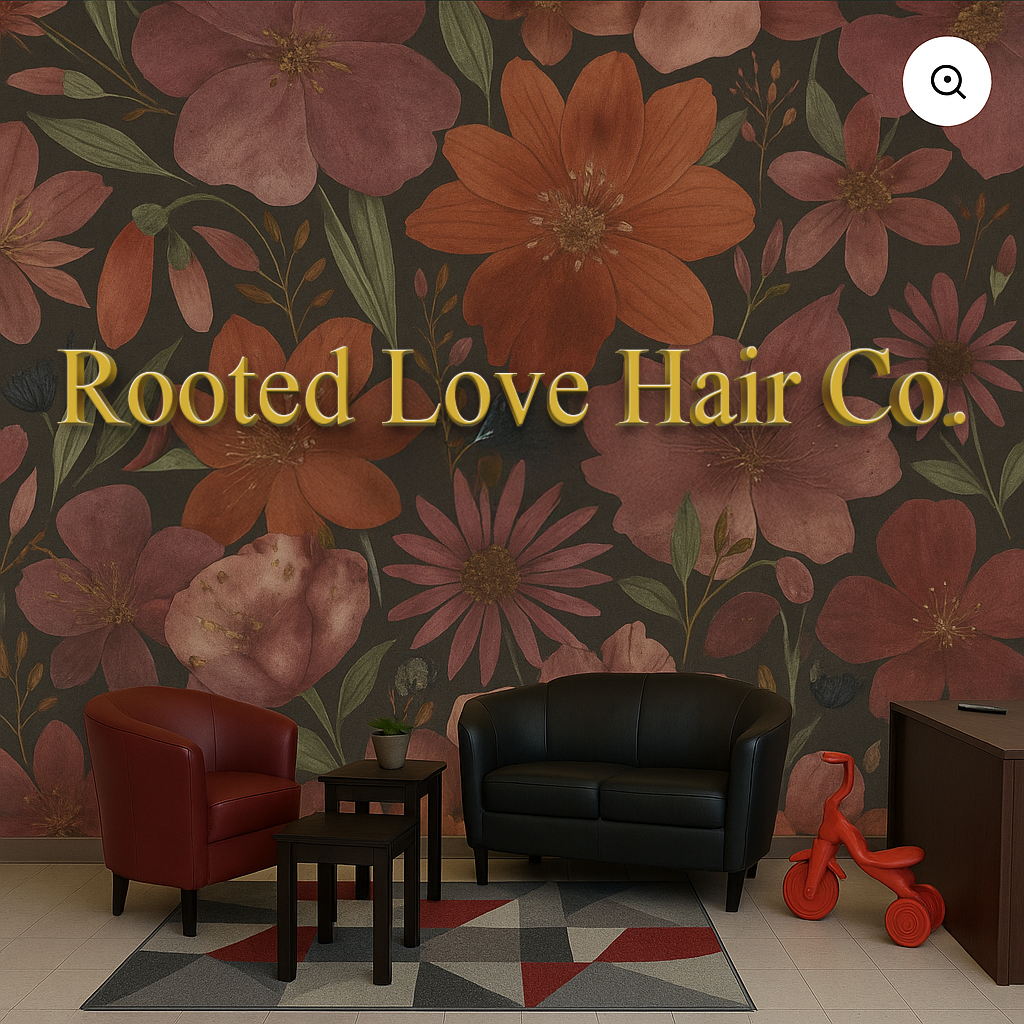 Gold 'Rooted Love Hair Co.' sign on dark floral wallpaper above a red chair, black loveseat and nesting tables.