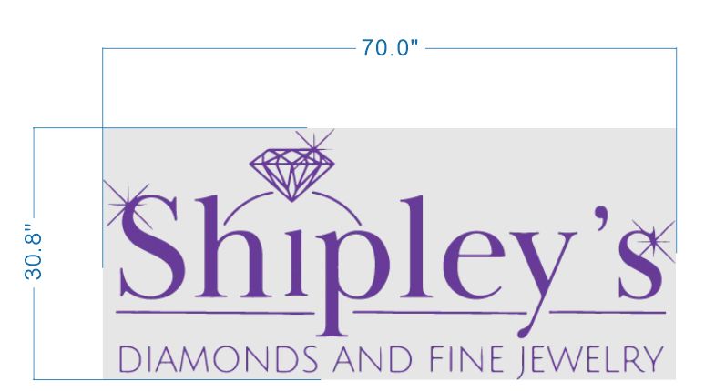 Gray sign mockup 70.0"×30.8" showing purple "Shipley's" logo with diamond icon and "DIAMONDS AND FINE JEWELRY" tagline.