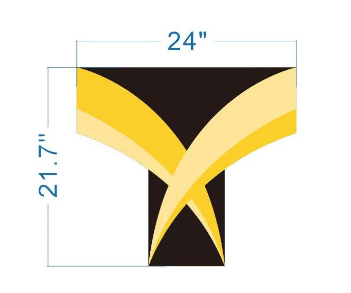 Black T-shaped graphic with overlapping gold and yellow curved ribbons crossing at stem blue 24" and 21.7" dimensions.