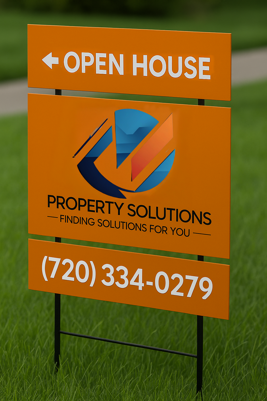 An orange 'OPEN HOUSE' yard sign with arrow, Property Solutions logo and phone number (720) 334-0279 on grass.