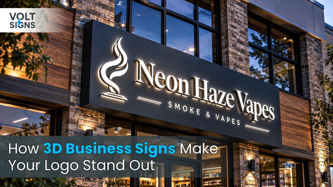 Custom 3D business logo sign with dimensional lettering mounted on a modern commercial wall.