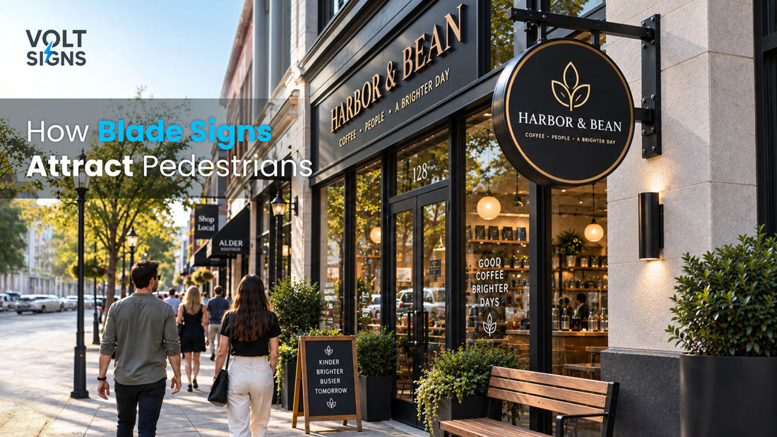 Modern coffee shop storefront with a round blade sign mounted above the sidewalk, designed to attract pedestrian attention.