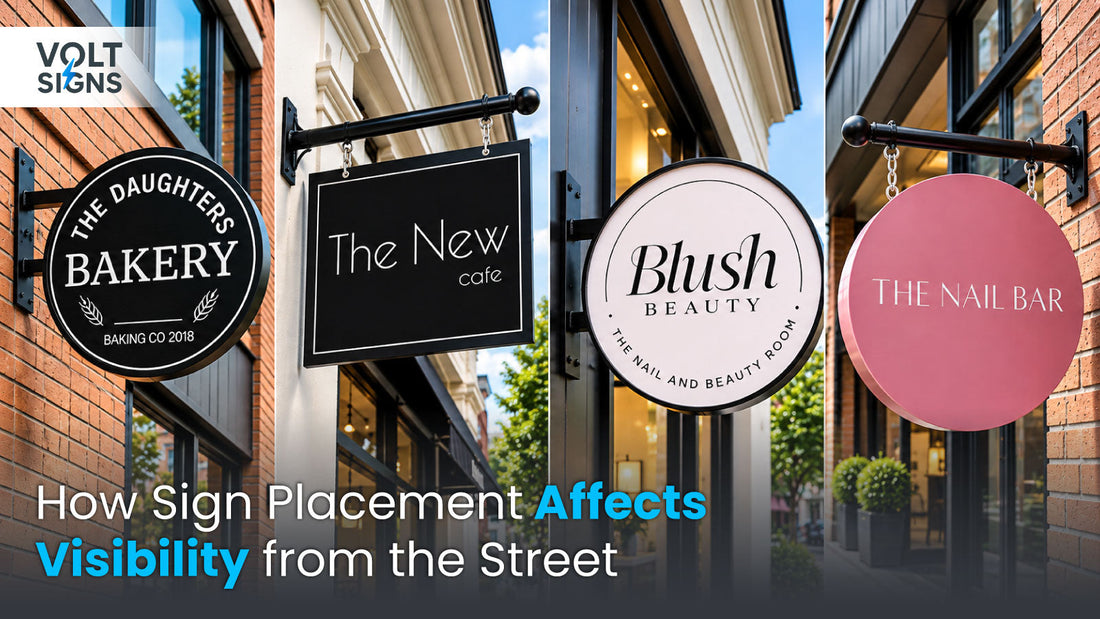 Custom business sign positioned for clear street visibility on a modern storefront with passing traffic and an unobstructed viewing angle.