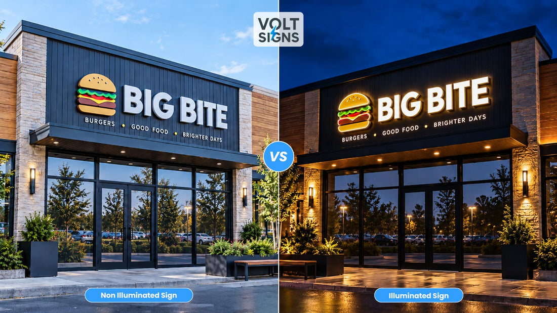 Illuminated and non-illuminated dimensional business signs compared on commercial storefronts during evening and daytime.