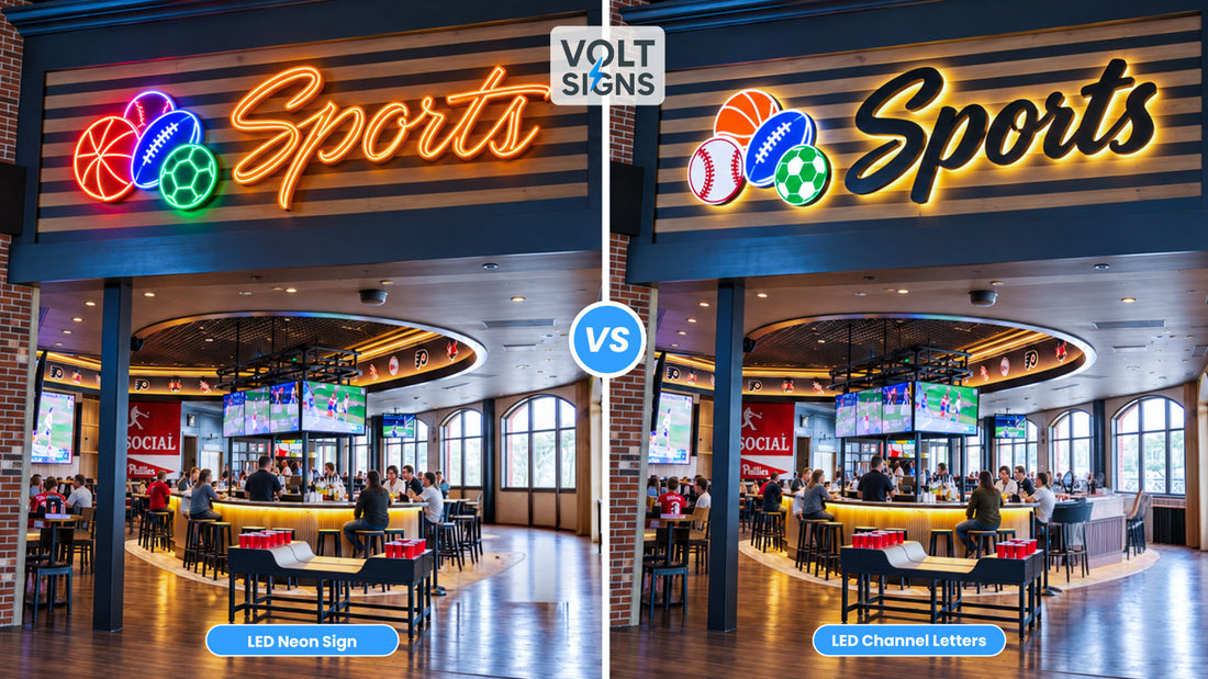 LED neon logo sign and illuminated channel letter logo shown side by side to compare two custom business signage styles.