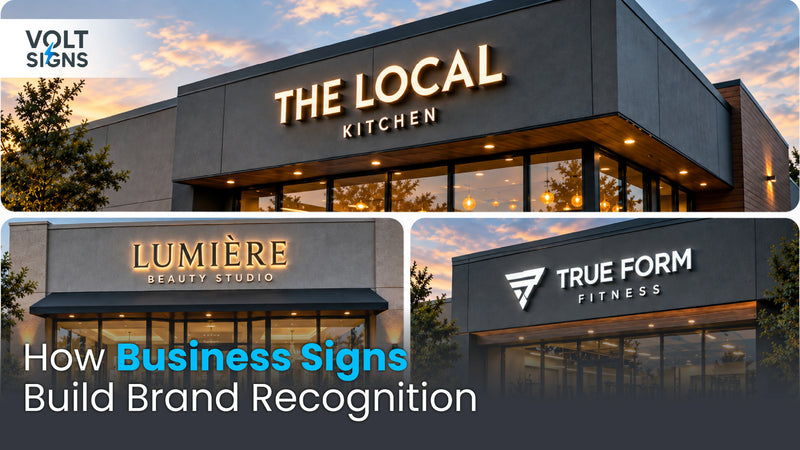 Modern retail storefront featuring custom illuminated 3D business signs and prominent dimensional lettering.