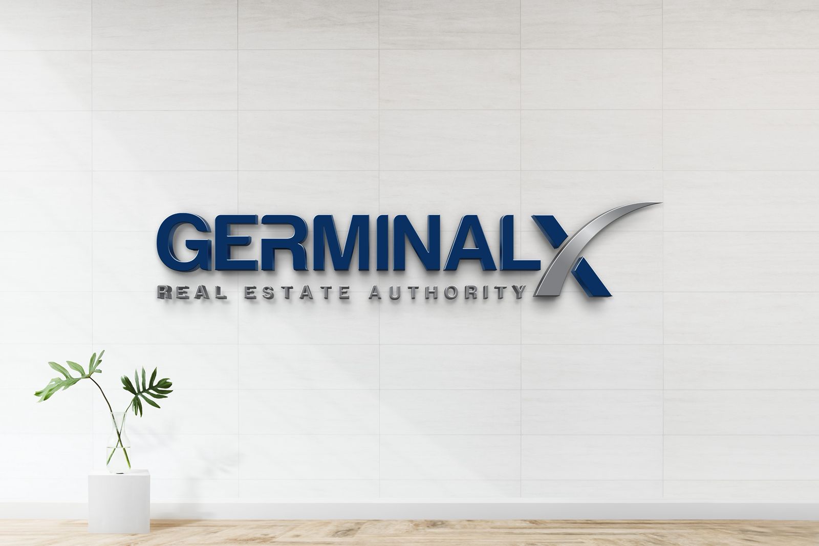 GerminalX Real Estate Authority 3D dimensional logo sign with navy lettering and chrome X swoosh on tile office wall mockup.