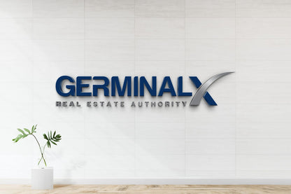 GerminalX Real Estate Authority 3D dimensional logo sign with navy lettering and chrome X swoosh on tile office wall mockup.
