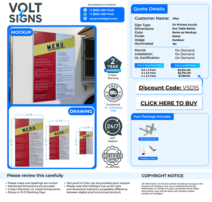 A product mockup and quote page showing a red and yellow MENU food truck acrylic sign, dimensions, and prices.