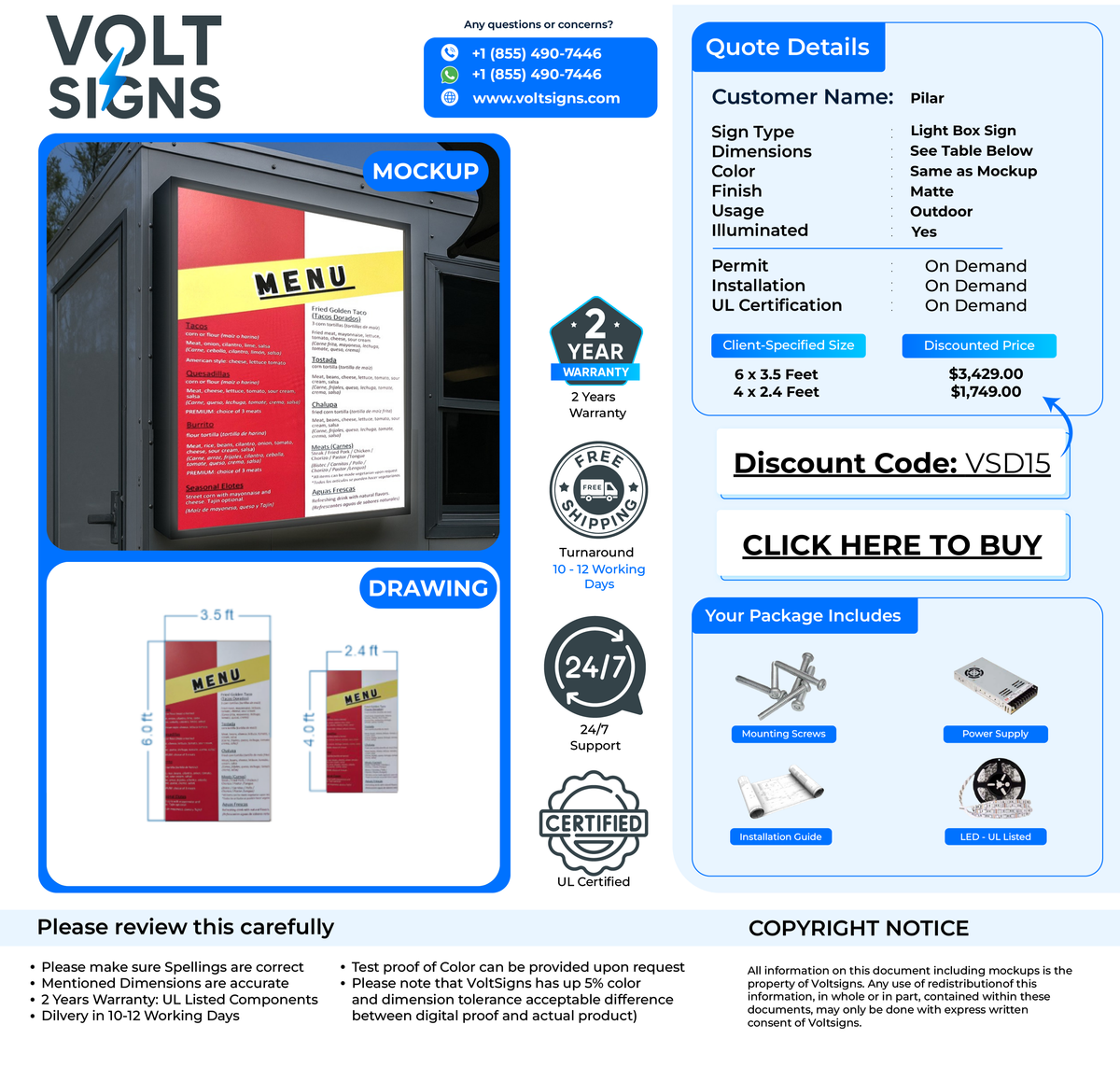 A Volt Signs quote page showing a blue-framed mockup of an illuminated red-yellow menu light box and pricing.