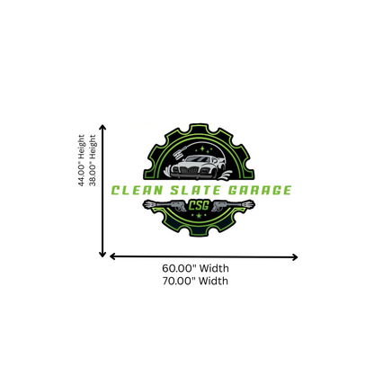 Clean Slate Garage logo in green and black gear with car, CSG initials, and arrows marking 60" and 70" widths.