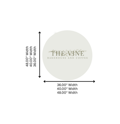 Mockup of a pale gray circle with The Vine Bakehouse & Coffee logo and black measurement arrows labeled 36/40/48 in.