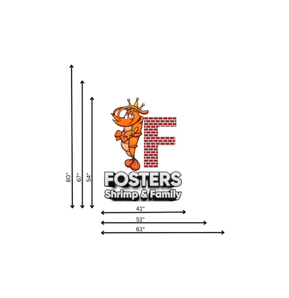 An orange cartoon shrimp with a crown leans on a brick F above the FOSTERS Shrimp & Family logo with measurement arrows.