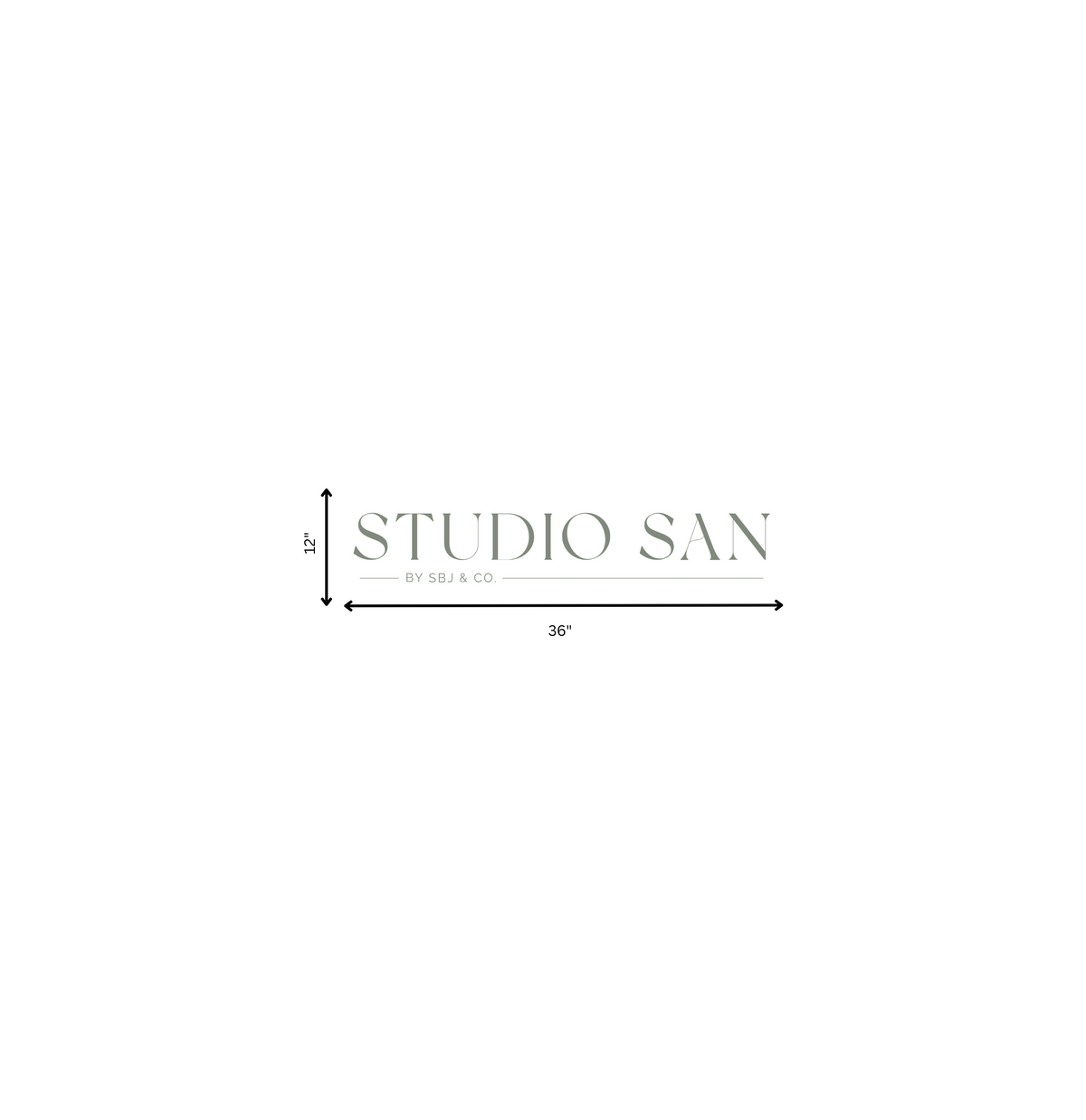 A bottom-centered logo reads 'STUDIO SAN' in muted green with 'BY SBJ & CO.' and 12"x36" measurement arrows.