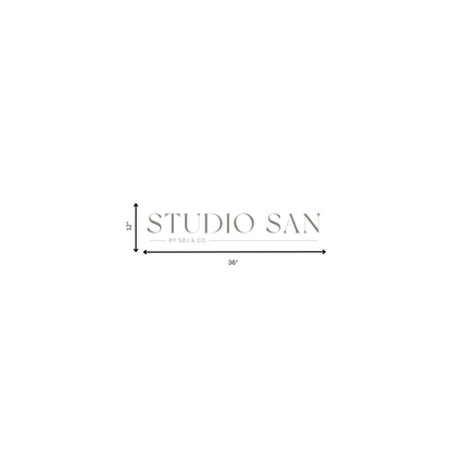 A bottom-centered logo reads 'STUDIO SAN' in muted green with 'BY SBJ & CO.' and 12"x36" measurement arrows.