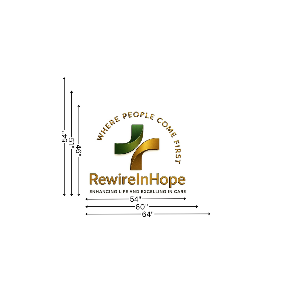 Volt Signs created a custom sign mockup of green and gold RewireInHope logo with arrows showing 54, 60 and 64 inch sizes