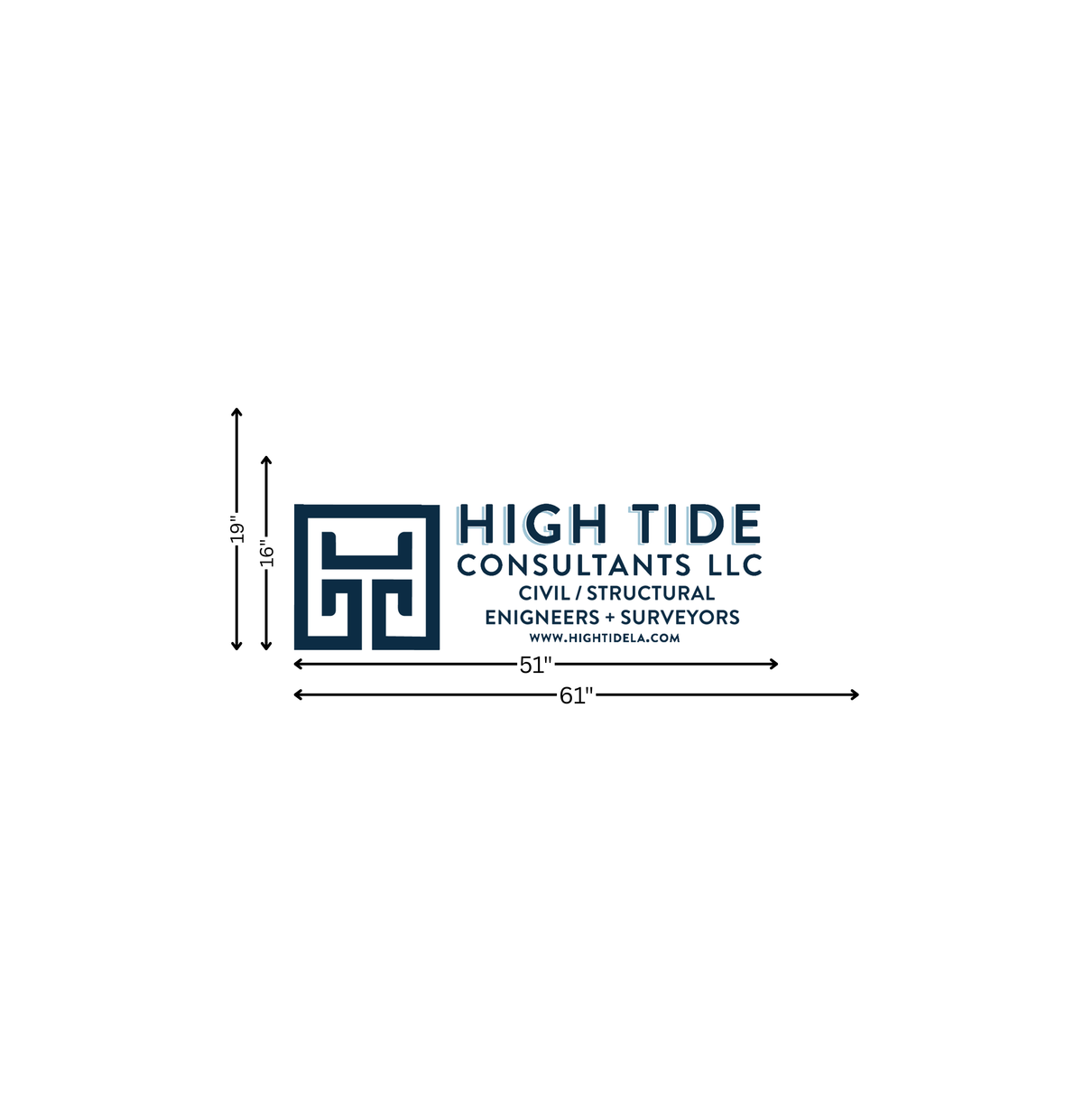 Teal-blue logo beside HIGH TIDE CONSULTANTS text with Civil & Structural Engineers + Surveyors and measurement arrows.