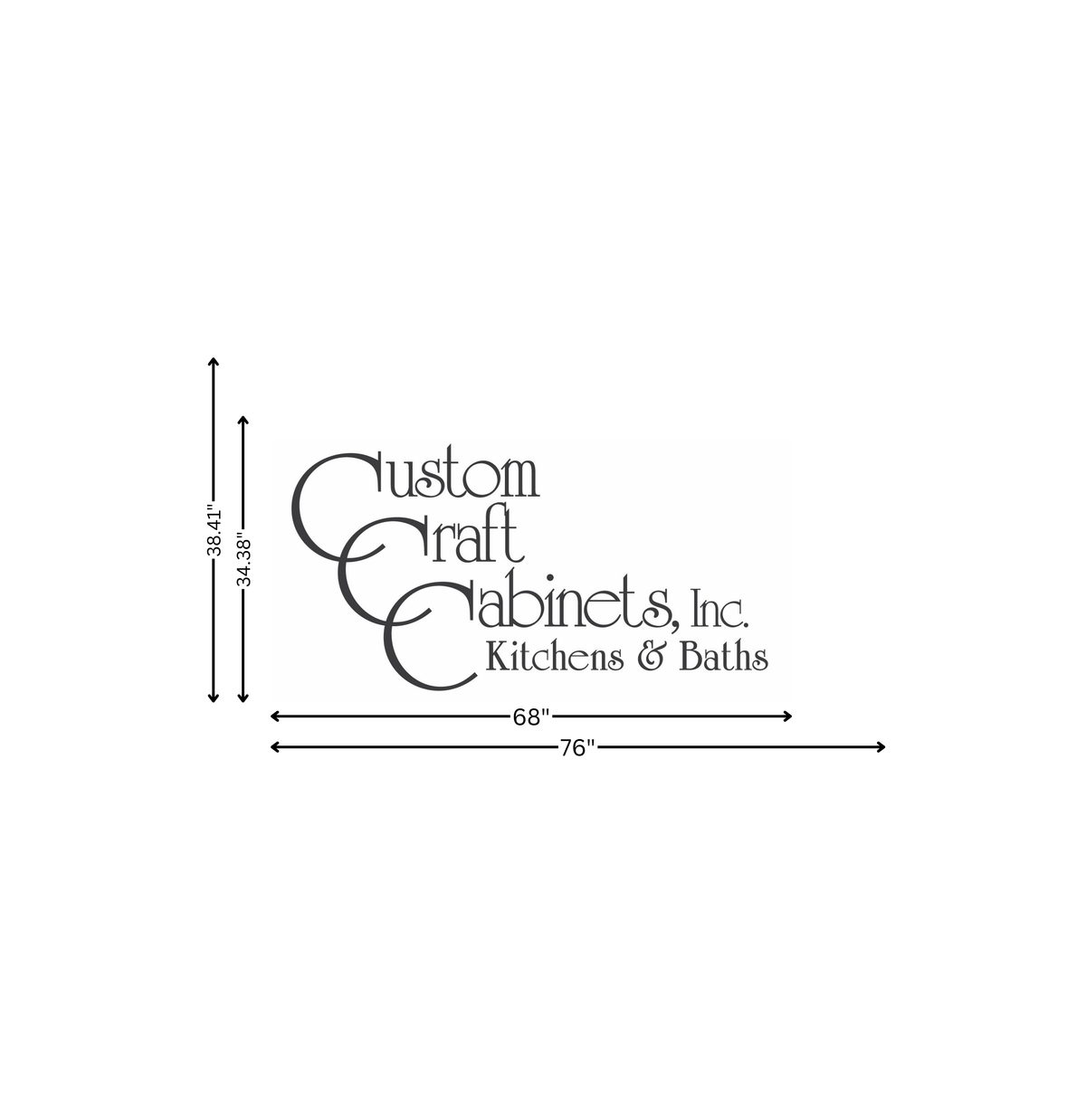 The gray 'Custom Craft Cabinets, Inc. Kitchens & Baths' logo on white with black arrows showing 68" and 76" widths.