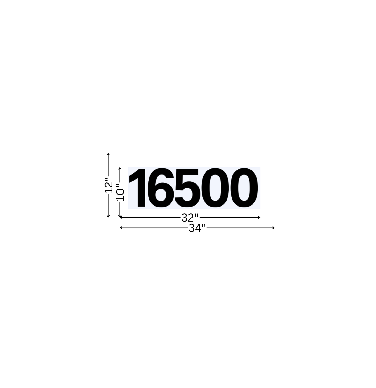 White image showing large black number 16500 on a light blue rectangle with measurement arrows 32″, 34″, 12″, 10″.Volt Signs mockup showing a round blade sign mounted on a wall with quote details, sizes and prices.