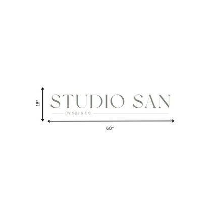 Pale green 'STUDIO SAN' serif logo with 'BY SBJ & CO.' and black arrows showing 60" width and 18" height.