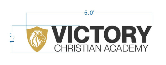 Dimensioned design for Victory Christian Academy custom sign with gold lion emblem by Volt Signs, 5 ft by 1.1 ft tall.