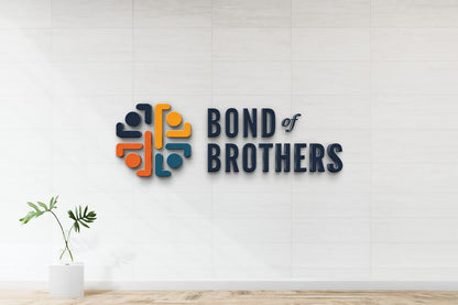Wall-mounted navy text BOND of BROTHERS with multicolor circular logo of four linked figures and a potted plant.