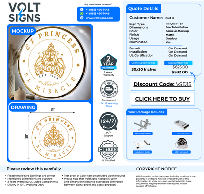 VoltSigns quote page showing an acrylic neon round sign mockup with gold crown emblem, 30x30 inches.