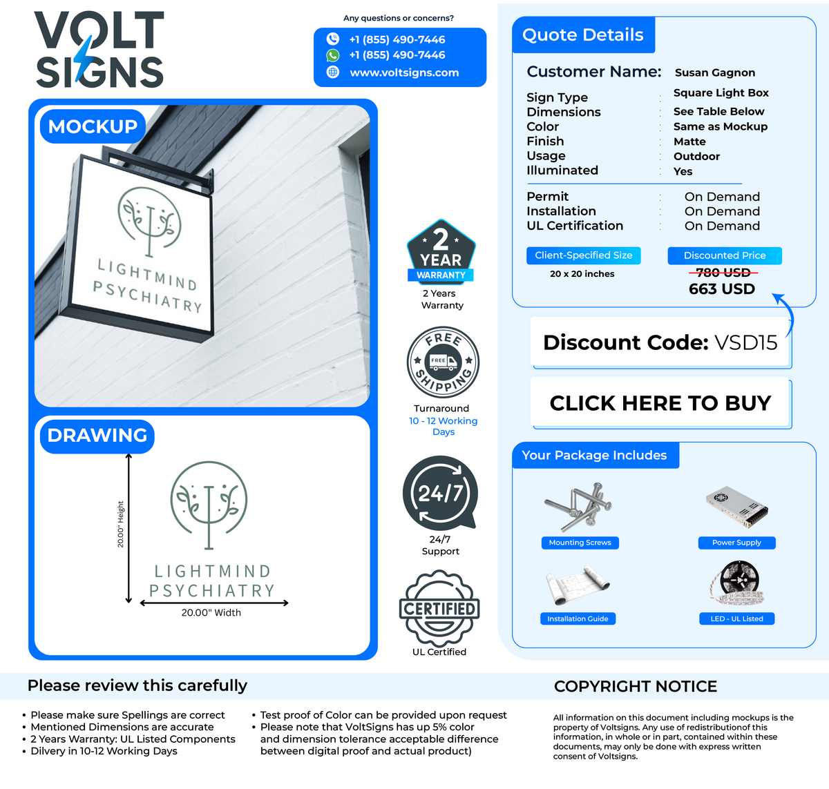 Mockup of a square illuminated lightbox sign 'Lightmind Psychiatry' on a white brick wall with VoltSigns pricing.