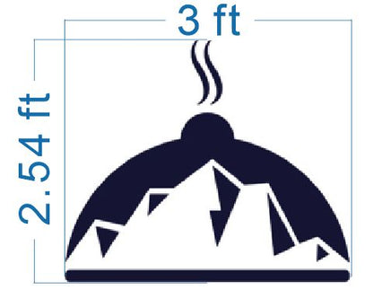 Blue diagram of navy cloche with white mountain silhouette inside, steam lines above, labeled 3 ft and 2.54 ft.