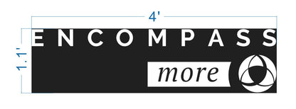 Black rectangular logo with white ENCOMPASS, blue 4'x1.1' markers, white 'more' box and circular knot emblem.