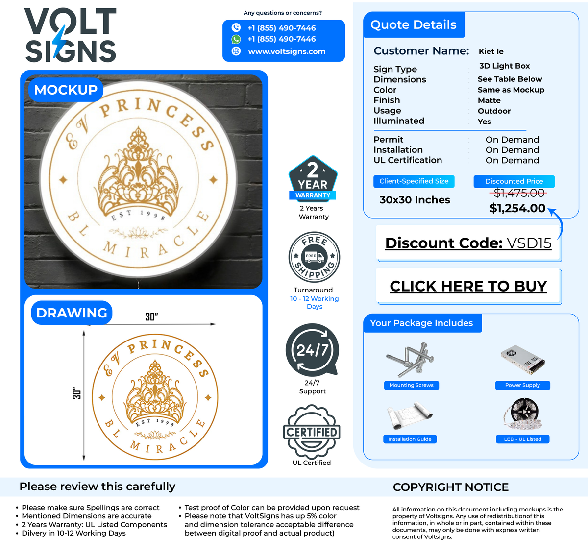Volt Signs quote mockup showing a round white illuminated 30x30 sign with gold crest, 3D light box price $1,254.
